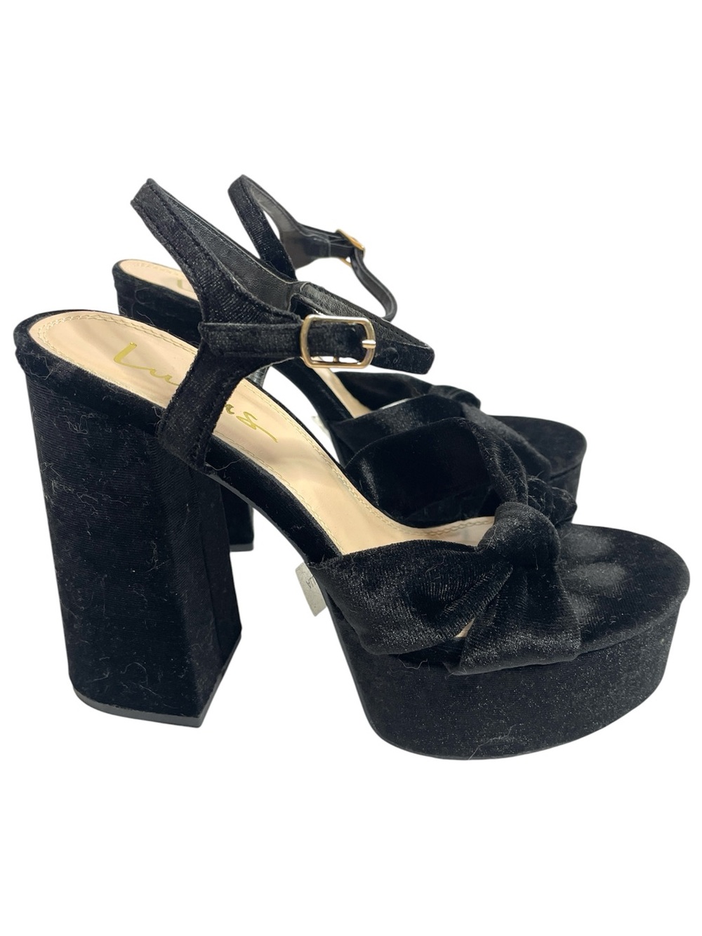 Lulus | Falura Black Velvet Platform Chunky Heels Size 8